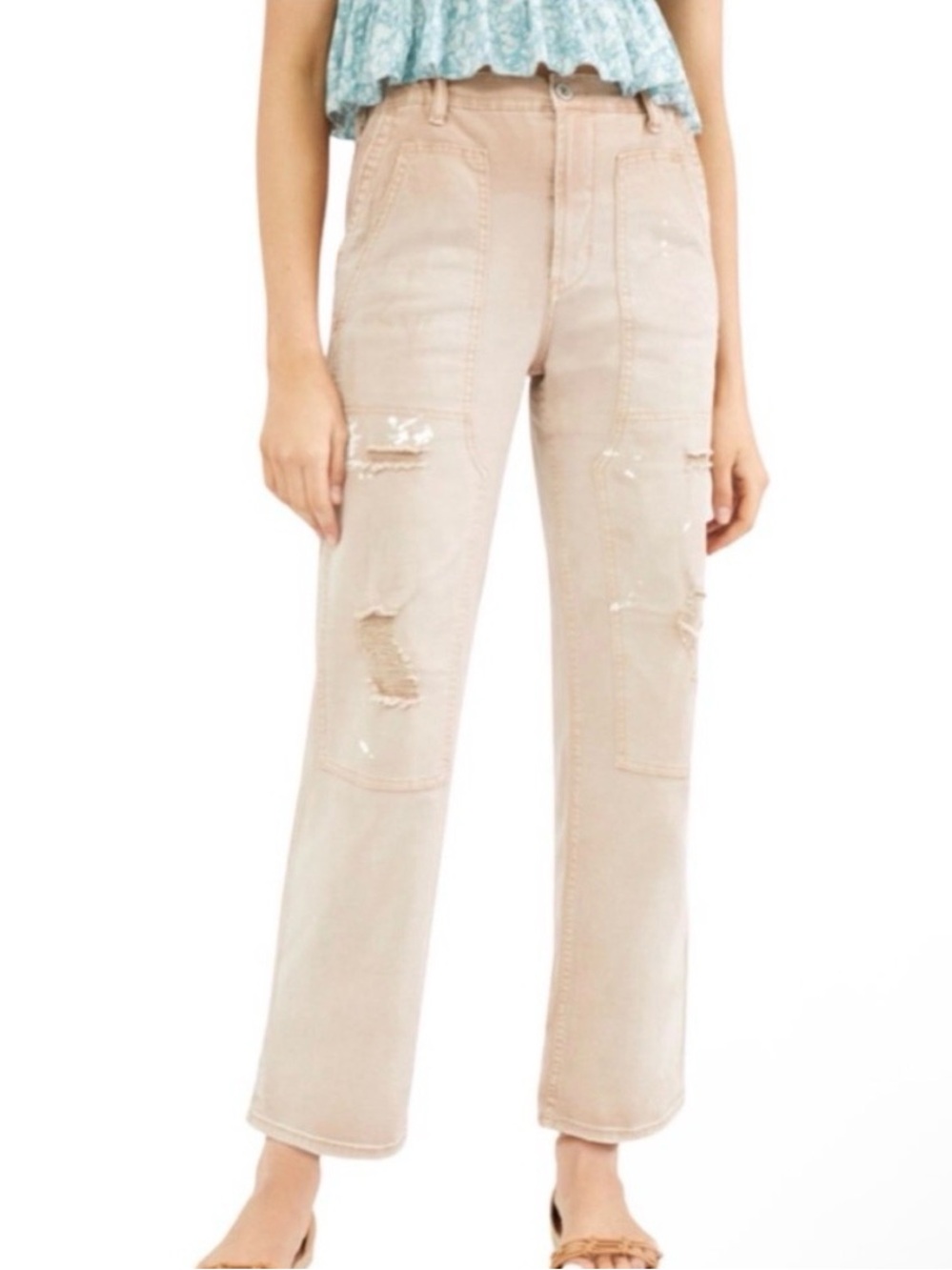 Pilcro Anthropologie The Roamer Distressed Carpenter Utility Cropped Pants EUC